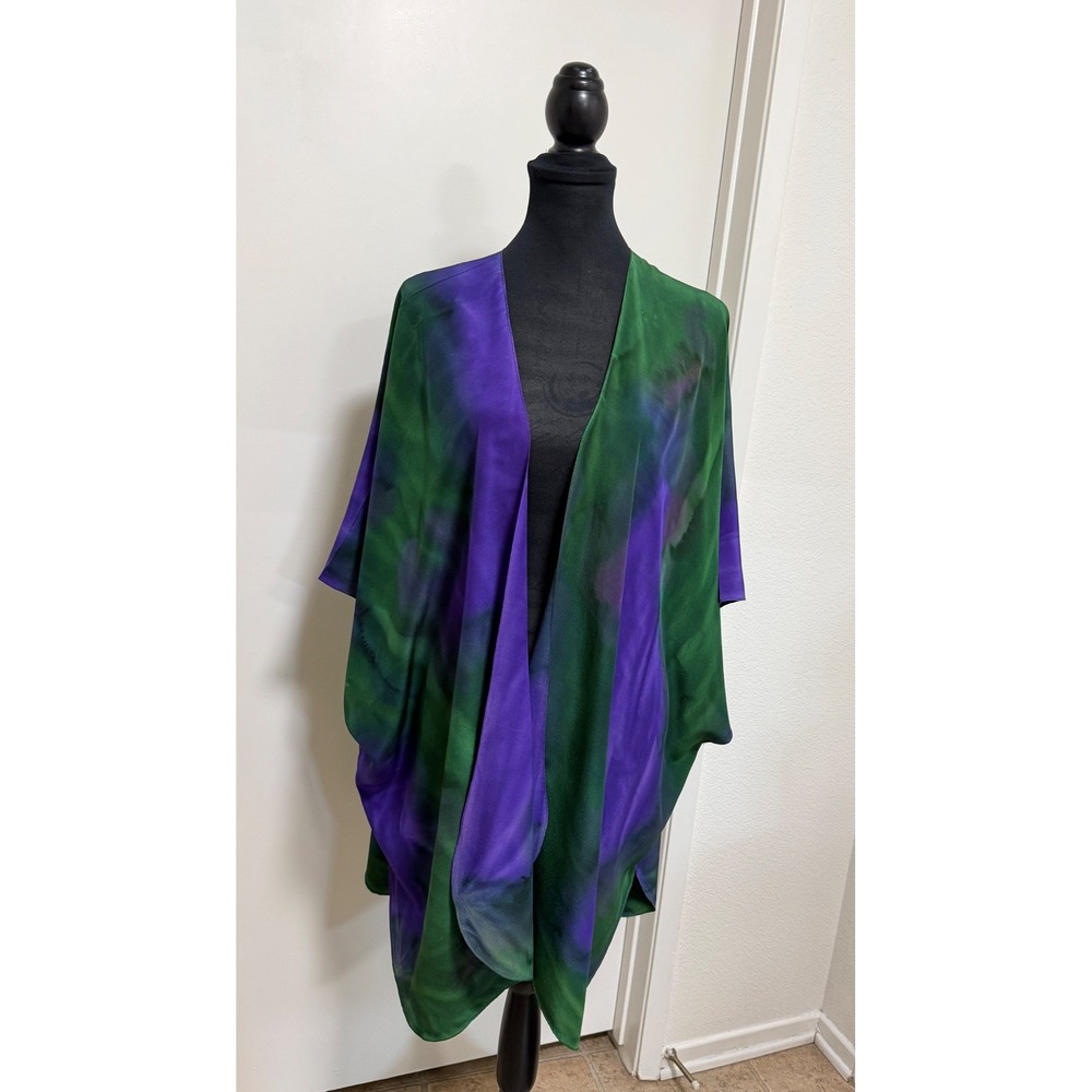 Joanell Connolly Signed Hand Painted 100% Silk Kimono Wrap Art to Wear OS Green